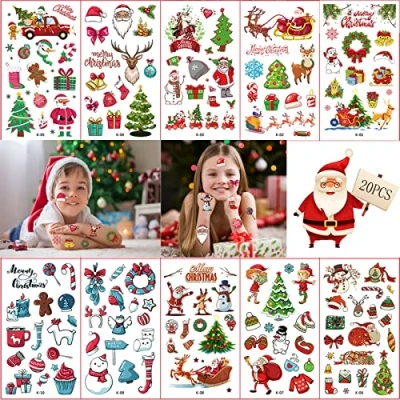 Abbildung von 20 Blatt Weihnachten Tattoo Kinder,Weihnachten Temporäre Tattoos, Weihnachtstattoo Aufkleber Kindertattoos für Party Mitgebsel Kindergeburtstag
