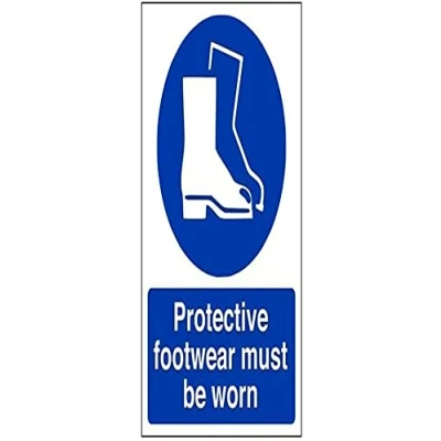 Abbildung von vsafety 41085 an s &quot;Schutz Schuhe zu tragen,&quot; Pflicht Schutzbekleidung Schild, selbstklebend, Hochformat, 150 mm x 200 mm, blau