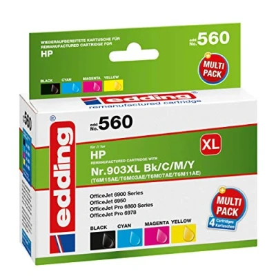 Abbildung von edding Druckerpatrone EDD 560 Multipack 4 Schwarz, Cyan, Magenta, Gelb 1x 30 ml + 3x 12 Reichweite 950 850 Seiten Ersetzt HP 903XL (T6M15/T6M03/T6M07/T6M11)