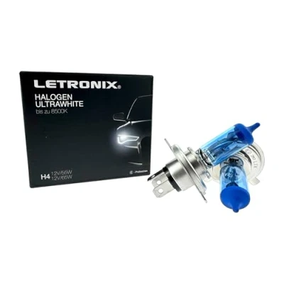 Abbildung von letronix Halogen Auto Lampen H4 12V 8500K Kalt Weiß Xenon Optik Gas Ultra White Look Birnen Lampe Abblendlicht Nebelscheinwerfer Fernlicht Kurvenlicht Zulassung E Prüfzeichen (LED Optik) (H4 55/60W)