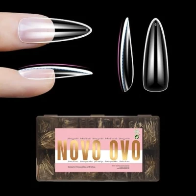 Abbildung von NOVO OVO L Natural Almond Nail Tip for Flat Nails, geformte Ballerina für gebogene Nägel, extra dicke lange künstliche vollständige Abdeckung x 15 Größen, 450 Stück
