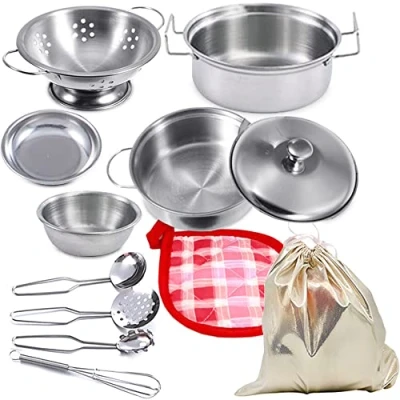 Abbildung von Mini Küche Lebensmittel Kochen Zubehör,Edelstahl Pretend Kochutensilien Kochgeschirr Set Spielzeug Montessori Küche,Topf Sets für Kinder,Kleinkind Töpfe und Pfannen Kind (geringe Größe)
