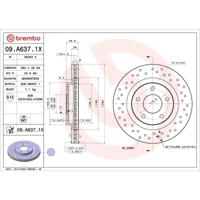 Abbildung von BREMBO Bremsscheibe DODGE: Journey MPV, Caliber Schrägheck, Avenger Limousine, JEEP: Compass, Patriot, CHRYSLER: Sebring III Cabrio 09.A637.1X
