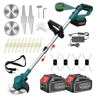 Abbildung von Rasentrimmer mit Akku, 4 in 1 Akku für Makita Akkus Klingentypen, 21V Freischneider Elektrisch 2X 4.0Ah 90 Schwenkbarer Kopf Rasen Garten, Blue