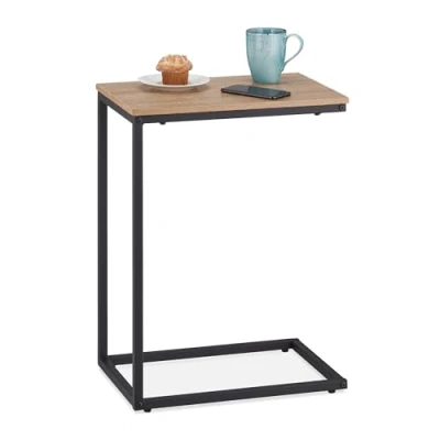 Abbildung von Relaxdays Beistelltisch in C Form, HBT 60 x 30 45 cm, Sesseltisch zum Unterschieben, Metall &amp; Holzoptik, schwarz/braun