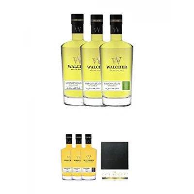 Abbildung von Walcher Bio Limoncello Edelbrand 25% Südtirol 3 x 0,7 Liter + Bombardino Ei Rum Likör 17% Schiefer Glasuntersetzer eckig ca. 9,5 cm Durchmesser