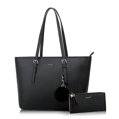 Abbildung von TANTOMI Handtasche Damen Set Schwarz Tasche Mit Geldbörse für Büro Schule Einkauf Groß Quasten und Pelz Kugel Plüsch Schlüsselring