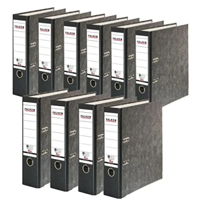 Abbildung von Original Falken 10er Pack Recycling Ordner Wolkenmarmor. Made in Germany. 8 cm breit DIN A4 schwarzer Rücken Ringordner Aktenordner Briefordner Büroordner Pappordner CO2 Neutral Blauer Engel