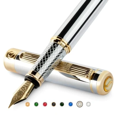Abbildung von Scriveiner Silber Füllfederhalter Füller Edel mit 24 Karat Gold Finish, Schmidt 18 vergoldete Feder (fein), Bestes Geschenk für Herren und Damen, Manager, Führungskräfte (Silber Chrom)