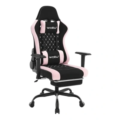 Abbildung von WOLTU Massage Gaming Stuhl, Bürostuhl ergonomisch, Racing Gamer Sessel, Computerstuhl 150 kg, Drehstuhl mit Rollen, Kopfstütze, Fußstütze, Lendenkissen, Netzstoff, Schwarz+Rosa, GS14swr