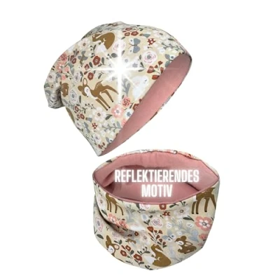 Abbildung von HECKBO 360 Reflektor Kinder Mütze &amp; Loop Schal Set Waldtiere 2 8 Jahre 95% Baumwolle weiches pflegeleichtes Stretch Material Beanie Frühling Herbst
