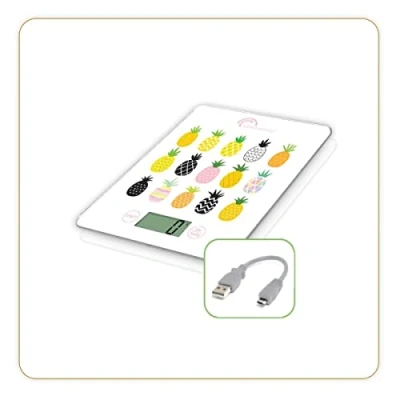 Abbildung von LITTLE BALANCE 8549 Slim Apérifruits USB R, Küchenwaage ohne Akku, wiederaufladbar, reparierbar, 5 kg, Spiessli mit Früchten