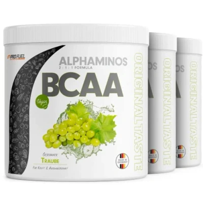 Abbildung von BCAA Pulver 900g TRAUBE Alphaminos 2:1:1 Drink mit 8000 mg unfassbar leckerer Geschmack, Essentielle Aminosäuren (EAA) Leucin, Isoleucin &amp; Valin vegan laborgeprüft Zertifikat