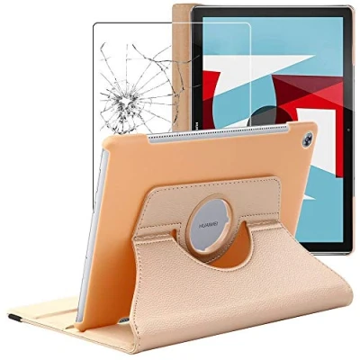 Abbildung von ebestStar Hülle für Huawei MediaPad M5 10.8 Tablet 10.8, Drehbar Schutzhülle, PU Lederhülle, Rotierende Ständer Etui, Rotating Case Cover, Gold + Panzer Schutz Glas