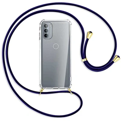Abbildung von mtb more energy® Handykette kompatibel mit Motorola Moto G31, G41 (6.4&#039;&#039;) Blue Line/Gold Smartphone Hülle zum Umhängen Anti Shock Full TPU Case