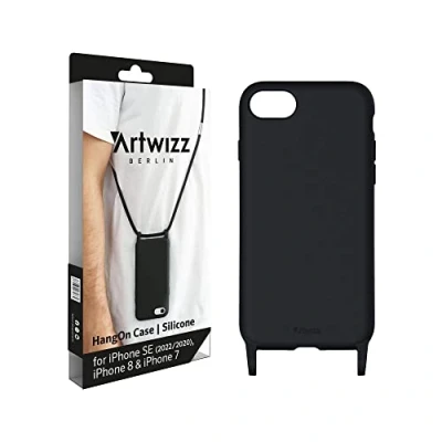Abbildung von Artwizz HangOn Case kompatibel für iPhone SE (2022/2020) / 8/7 Elastische Schutzhülle aus Silikon als Handykette zum Umhängen mit Band Schwarz