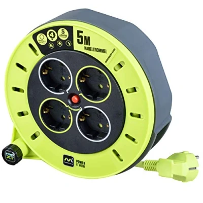 Abbildung von Masterplug ProXT Kabelbox 4 fach Cassette S 5 Meter Kabeltrommel, Auffallendes und gutsichtbares, hellgrünes PVC Kabel