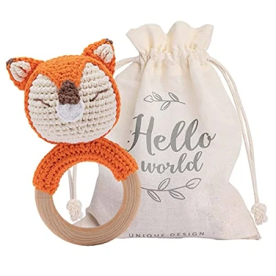 Abbildung von Youuys Babyrassel Gehäkelte Holz Häkeln Tiere Greifling Baby Rassel mit Sound Handmade für Neugeborenes Geschenk Junge und Mädchen zur Geburt (Fuchs)
