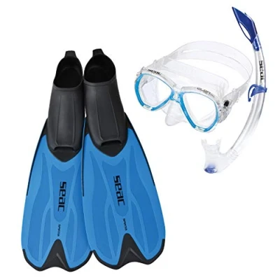 Abbildung von Seac Unisex Adult Spinta Set mit Schuh Flossen, Unterwassertauchmaske und Spritzschutz Schnorchel für Erwachsene Kinder, blau, 31/33