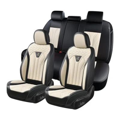 Abbildung von FLORICH Autositzbezüge Leder, Vorder und Rücksitzbezüge, 5 Stück, komplettes Set, universell passend für die meisten Autos, Limousinen, SUVs LKWs, Schwarz &amp; Weiß