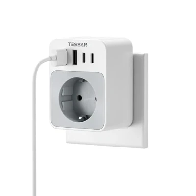 Abbildung von TESSAN Steckdose mit USB C, Steckdosenadapter 4 USB, Mehrfachstecker für Steckdose, Stecker 3600W Netzstecker Ladegerät, Ladestecker Netzteil Kompatibel Phone, Pad und Haushaltsgeräte, Grau