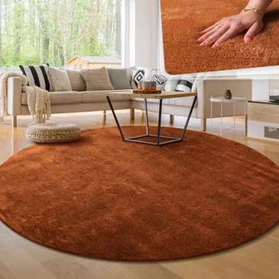 Abbildung von Paco Home Moderner Kuscheliger Wohnzimmer Teppich Kurzflor waschbar flauschig Weich Einfarbig Felloptik zeitlos stilvoll rutschfest pflegeleicht, Grösse:160 cm Rund, Farbe:Kupfer