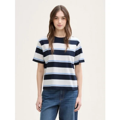Abbildung von TOM Tailor Denim Striped BOXY Tshirt print, Damen, Größe: Small, White/navy/light blue