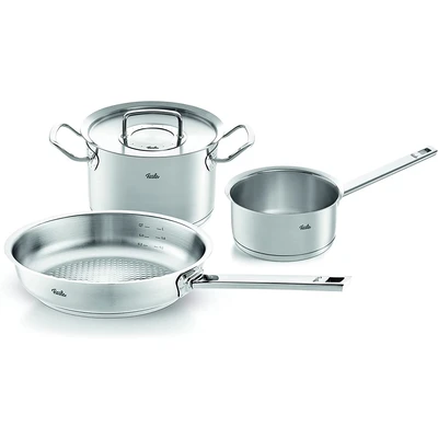 Abbildung von Fissler Topf Set &quot;ORIGINAL PROFI COLLECTION Edelstahl Topfset&quot;, 18/10, (4 tlg., 1x Kochtopf Ø 20 cm, Stielkasserolle 16 Pfanne 24 cm), mit breitem Schüttrand, Kaltmetallgriffen. Made in Germany