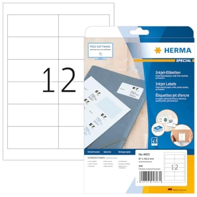 Abbildung von HERMA 4823 Adressetiketten für Inkjet Drucker, 25 Blatt, 97 x 42,3 mm, 12 pro A4 Bogen, 300 Stück, selbstklebend, bedruckbar, matt, blanko Adressaufkleber Etiketten Tintenstrahldrucker, weiß