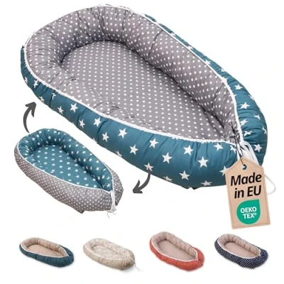 Abbildung von ULLENBOOM Babynest 100% OEKO TEX Materialien &amp; Made in EU, Petrol Grau Babynestchen Neugeborene aus kuscheliger Baumwolle, Ideal als Reisebett Kuschelnest geeignet
