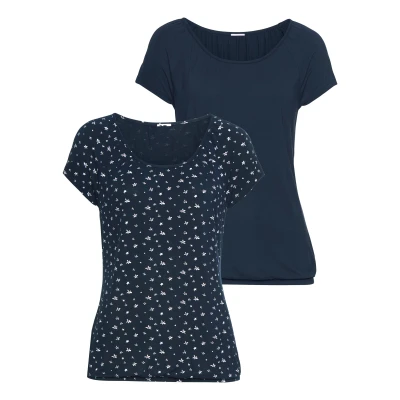 Abbildung von Lascana 2 PACK Tshirt print, Damen, Größe: 32/34, Navy