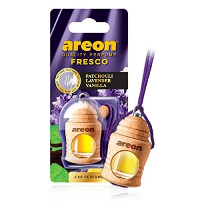 Abbildung von Areon Fresco Auto Duft Patchouli Lavendel Vanille Violett Glas Duftflakon Flakon Holz Hängend Anhänger Spiegel 4ml (Pack x 1)