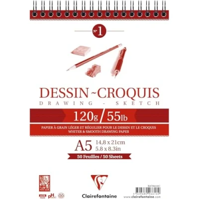 Abbildung von Clairefontaine 96616C Zeichenblock mit Doppelspiralbindung, 50 Blatt Zeichen und Skizzenpapier, 125g, ideal für unterwegs, DIN A5, 14,8 x 21 cm, weiß, 1 Stück