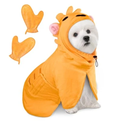 Abbildung von Bibykivn Bademantel für Hunde, Hundebademantel Aus Mikrofaser, Verstellbares Halsband Mit Klettverschluss Schnell Trocknend Badetuch Große Mittelgroße Kleine Hunde/Katze (Orangenfarbe Löwe, S)