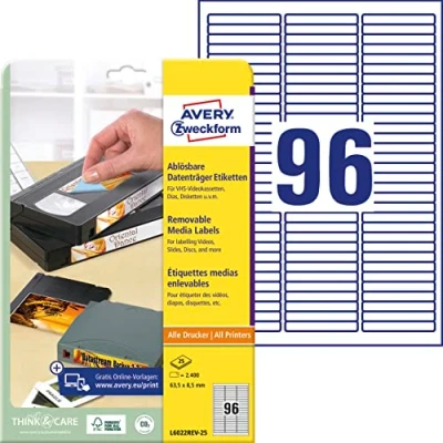 Abbildung von AVERY Zweckform L6022REV 25 Etiketten für Data Cartridges (2.400 Aufkleber, 63,5x8,5 mm auf A4, bedruckbar, selbstklebend, wiederablösbar, Cartridges, HI8 und Travan) Blatt, weiß
