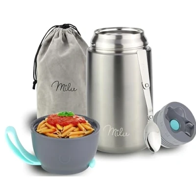 Abbildung von Milu® Thermobehälter für Essen 800ml, Edelstahl Warmhaltebehälter mit Löffel, Thermobecher Essen, Thermo Lunchbox Kinder, Erwachsene, Thermobox Suppen, Babybrei, Speisebehälter Grau, 800ml