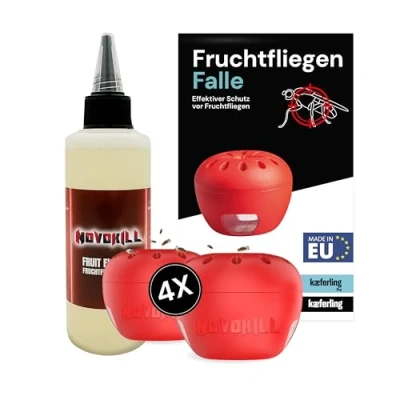 Abbildung von Novokill Fruchtfliegenfalle 4X Fallen + Lockstoff 100ml Wiederverwendbare Falle Effektive Obstfliegenfalle für Küche Fruchtfliegen bekämpfen mit langanhaltender Wirkung