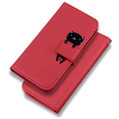Abbildung von Bartern Handyhülle für iPhone 7 Plus/iPhone 8 Plus,iPhone Plus/8 Plus Hülle,Karikatur Katze PU Leder Klappbar Wallet Schutzhülle Tasche Klapphülle mit Magnetisch Kartenfach Standfunktion,Rot