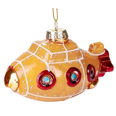 Abbildung von BRUBAKER U Boot Gelb Rot Handbemalte Weihnachtskugel aus Glas Mundgeblasener Christbaumschmuck Figuren lustig Deko Anhänger Baumkugel 10.5 cm