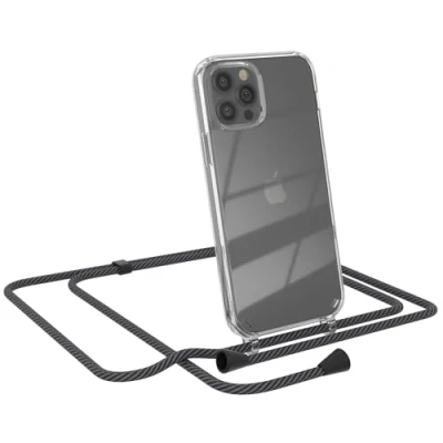 Abbildung von EAZY CASE Handytasche zum Umhängen kompatibel mit iPhone 12/12 Pro, Handyhülle Band, Transparent Kameraschutz und Bildschirmschutz, Handy Lanyard in Schwarz/Anthrazit Clips Schwarz