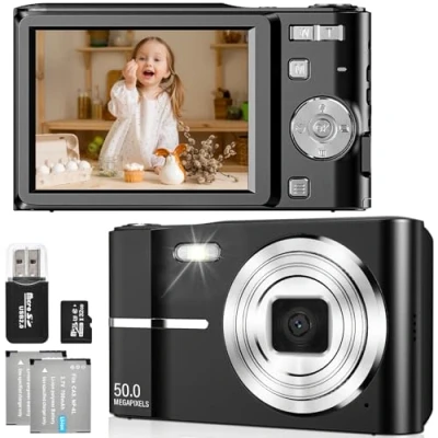 Abbildung von FAYIBUY Digitalkamera 50MP 1080P FHD Fotokamera mit Autofokus 16X Digitalzoom Fotoapparat Tragbare Kompaktkamera 32GB SD Karte für Kinder Teenager Anfänger Geschenk (Schwarz)