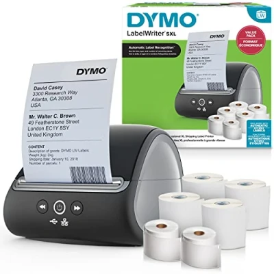 Abbildung von DYMO LabelWriter 5XL Etikettendrucker &amp; Etiketten 2 x große LW Versandetiketten (220 pro Rolle) 4 DHL (140 Beschriftungsgerät ideal für Online Händler EU Stecker
