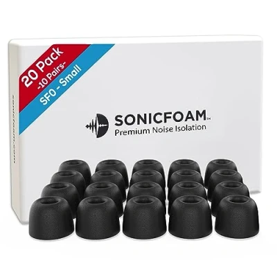 Abbildung von SONICFOAM Memory Schaum Ohrhörer Aufsätze Prämie Geräuschisolierung, Ersatz Ohrhöreraufsätze aus Schaumstoff, 20 Stück für In Ear Kopfhörer (SF0 Klein, Schwarz)