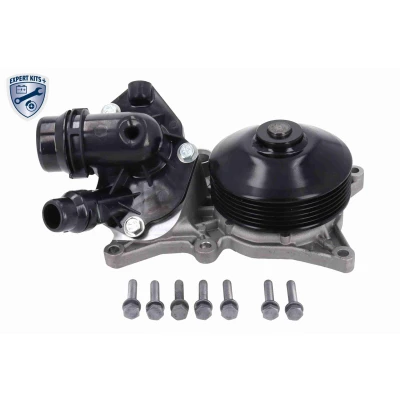 Abbildung von VEMO V20 99 0006 Wasserpumpe mit Riemenscheibe Dichtung Schrauben, Thermostat 95mm Gehäuse, Kunststoffgehäuse BMW: 5 Limousine