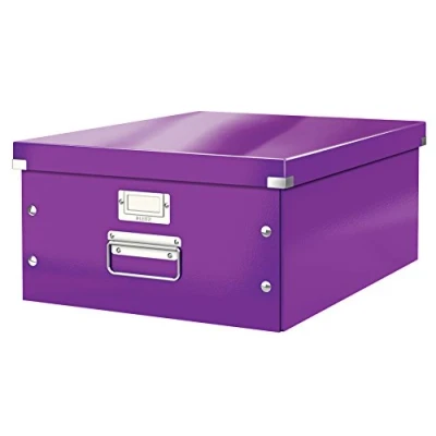 Abbildung von Leitz Click &amp; Store Aufbewahrungsbox mit Deckel Groß, Box für Unterlagen bis A3 im Büro oder Haushalt, Transportbox aus 85 % recycelter Premium Hartpappe, Stabile Metallgriffe, Violett, 60450062