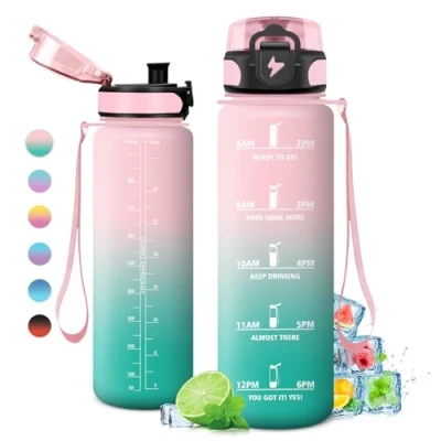 Abbildung von Trinkflasche 1L, mit Zeitmarkierung und Filter, Auslaufsicher Wasserflasche Kohlensäure Geeignet für Fahrrad, Schule, Maedchen, Sport