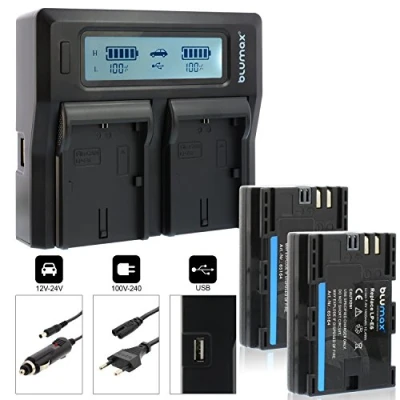 Abbildung von 2X Blumax Akku LP E6 1400mAh + Doppelladegerät Dual Charger passend zu EOS 5D Mark II 2 III 3 6D 7D 60D 60Da 70D Akkus gleichzeitig Laden