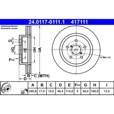 Abbildung von ATE 24.0117 0111.1 Bremsscheibe 300,0 17,0 5 114,0 Belüftet beschichtet SUBARU: Outback V, Levorg I