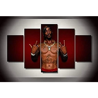 Abbildung von 5 Stück Drucke Auf Leinwand Gedruckt Malerei Wohnzimmer Wand Kunst 2Pac Rapper Wandkunst Poster Bild XXL Wohnkultur Kreatives Geschenk (Gerahmt)