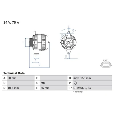 Abbildung von BOSCH 0 986 082 830 Lichtmaschine 14V 75A SUZUKI: SWIFT 3, SX4 I Schrägheck, Splash, OPEL: Agila B